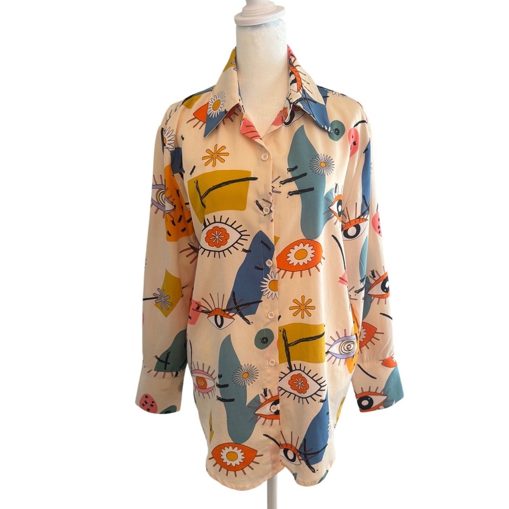 Statement Eye Print Button Front Blouse Shirt Colorful Abstract Floral RetroArt